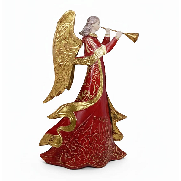 Enfeite Anjo com Corneta 34,5cm Decoração Natalina de Metal Resina Folha de Ouro