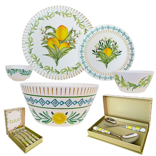 Aparelho de Jantar 26 Peças Estampa Limões Siciliano Flores e Folhas Fibra de Bambu Inox Porcelana