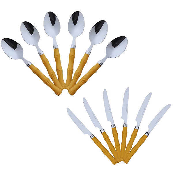 Jogo com 12 Talheres de Sobremesa Aço Inox Cabo de Bambu Lyor.