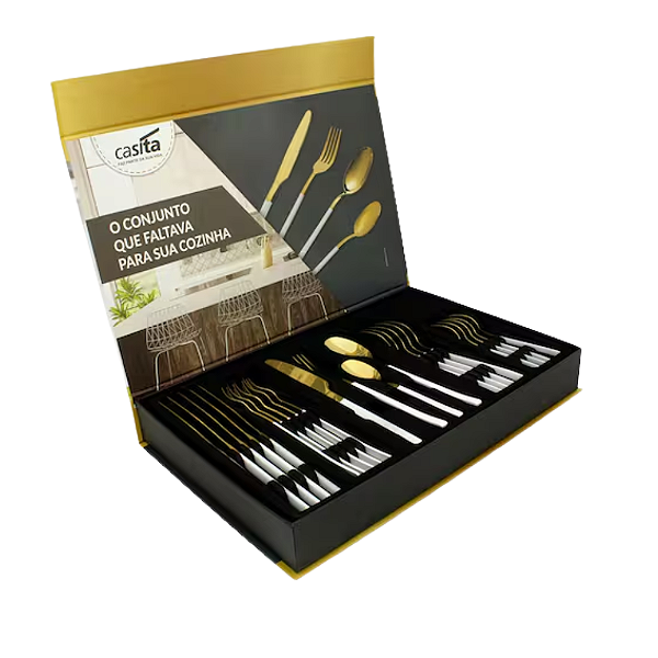 Faqueiro 24 Peças Monobloco Aço Inox Dourado e Branco Caixa Litografada - Casíta