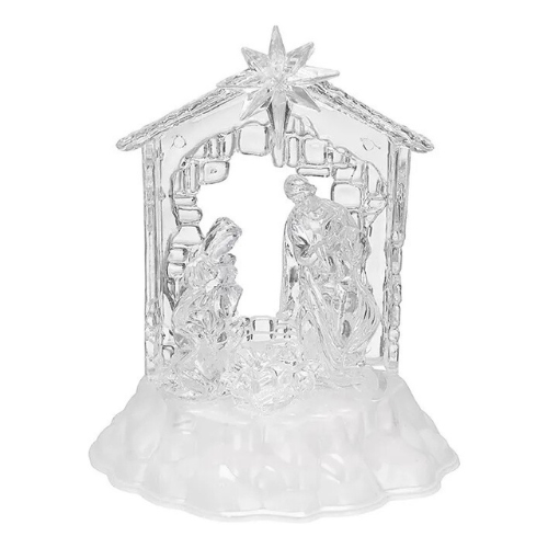 Presépio Sagrada Família Enfeite Natalino de Acrílico com Luz Led Branco Quente 19cm