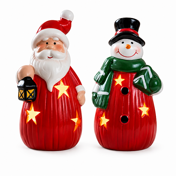 Boneco Natalino de Cerâmica com Luz Led Branco Quente 14,7cm
