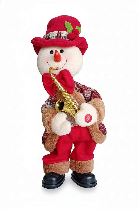 Boneco de Neve Natalino Tocando Saxfone 39cm Música Movimento.
