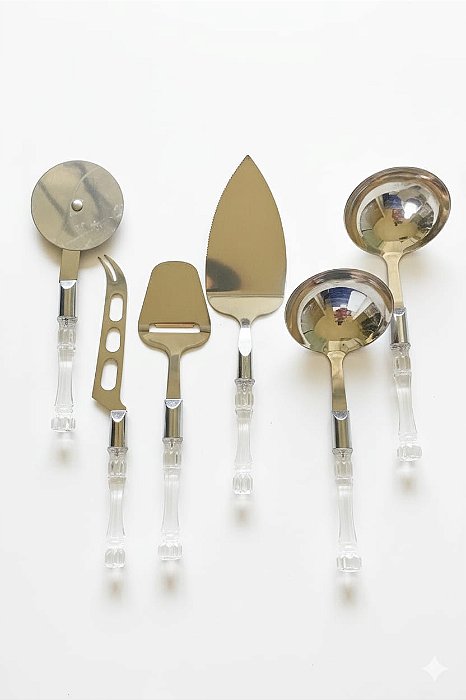 Jogo de Talheres 6 Peças Para Servir Aço Inox Cabo Acrílico Transparente Modelo Bambu.