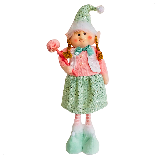 Boneca Elfa em Pé com Pirulito 61cm Verde / Rosa Decoração Natalina