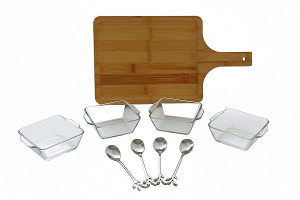 Conjunto com Tábua 9 peças para Servir Patês Molhos Sobremesas e Salgadinhos.