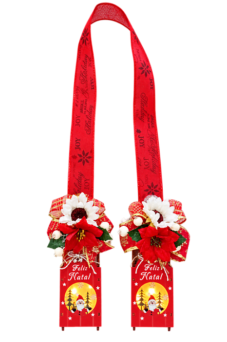 Escapulário Natalino de Porta Dupla Face Trenós com Leds Flores Laços 1,70m