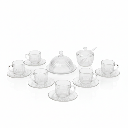 Jogo para Servir Café com 15 Peças Vidro Canelado Transparente