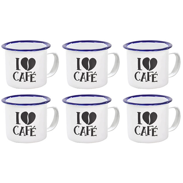 Jogo com 6 Mini Canecas 90ml Retrô Dizeres Metal Esmaltado