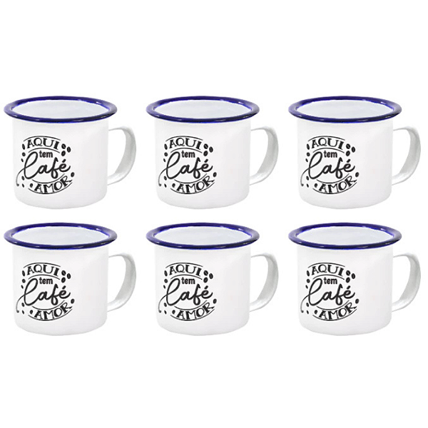 Jogo com 6 Mini Canecas 90ml Dizeres Retrô Metal Esmaltado