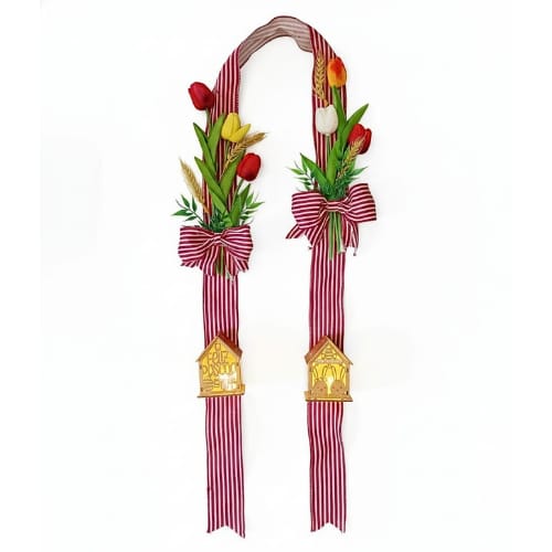 Enfeite de Porta Escapulário Dupla Face Guirlanda Páscoa Casinha com Luz