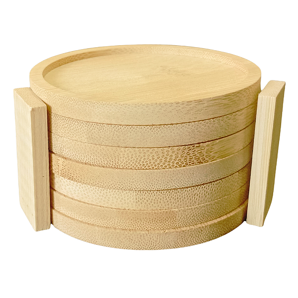 Jogo com 6 Porta Copos Redondos de Bambu com Suporte
