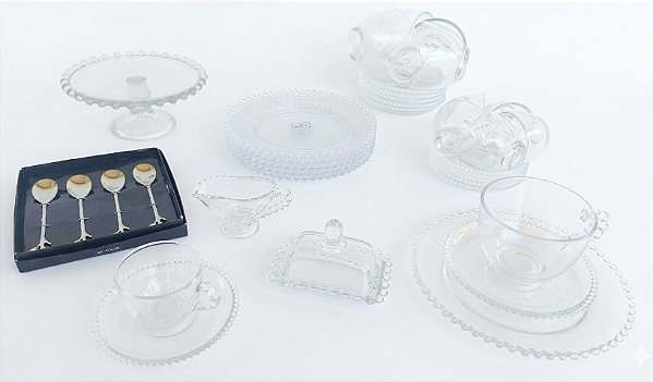 Jogo para Chá Café e Sobremesas Cristal Pearl  transparente  37 Peças Linha Pérola Wincy - SALDÃO