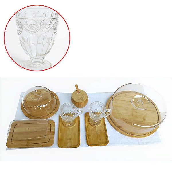 Jogo Kit Mesa Posta Café da Manhã 16 Peças - Cristal / Bambu