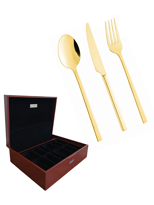 Faqueiro 101 Peças Firenze Aço Inox Dourado com Estojo de Madeira Wolff