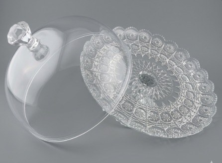 Prato para Bolo com Pé e Tampa 32cm Vidro Trabalhado