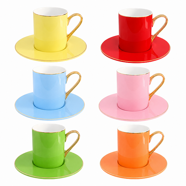 Jogo de Xícaras com Pires para Café 100ml Fanzini 12 Peças Porcelana New Bone China Colorido