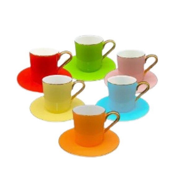 Jg 6 Xicaras Chá New Bone Color Borda Dourada 190ml Color