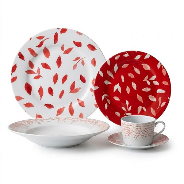 Aparelho de Jantar 20 Peças Porcelana Leaves Composé Vermelho e Branco Casambiente Saldão
