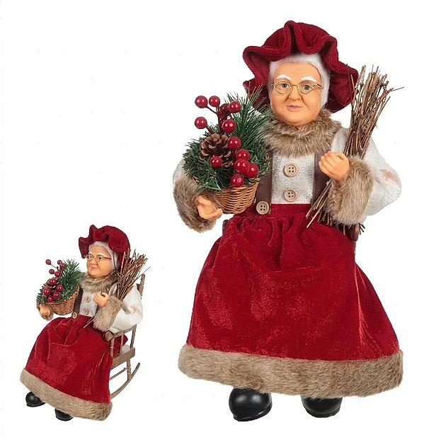 Enfeite Mamãe Noel Sentada na Cadeira de Balanço 40cm Decoração com Som e Movimento