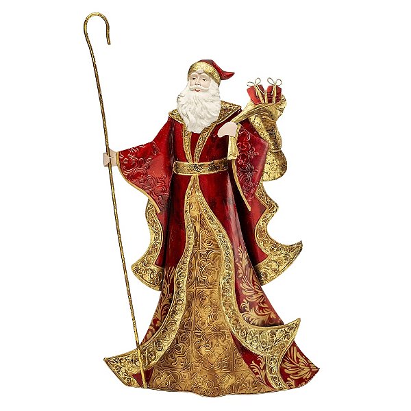Boneco Papai Noel com Cajado 49cm Decoração Natalina de Metal Folha de Ouro e Madrepérola