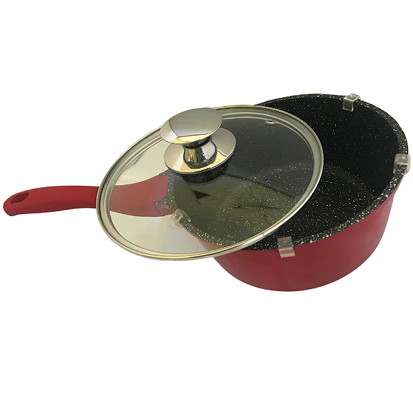 Panela Antiaderente Marble 1,4L Vermelha Com Tampa de Vidro