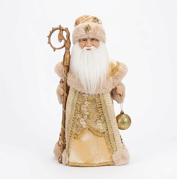 Boneco Papai Noel 40cm Decoração de Natal Com Música e Movimento Dourado e Champanhe