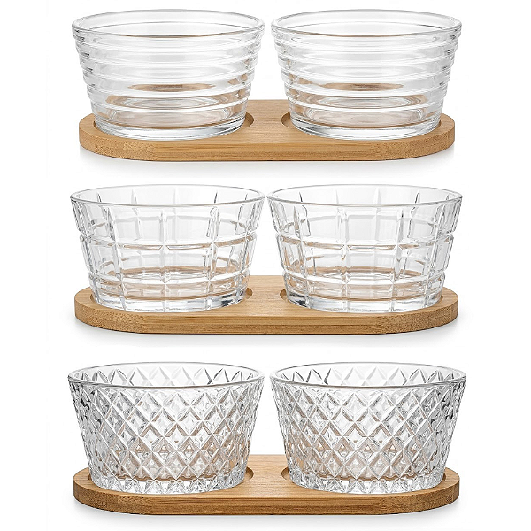 Jogo com Bowls de Vidro e Bandeja de Bambu 3 Peças para Servir