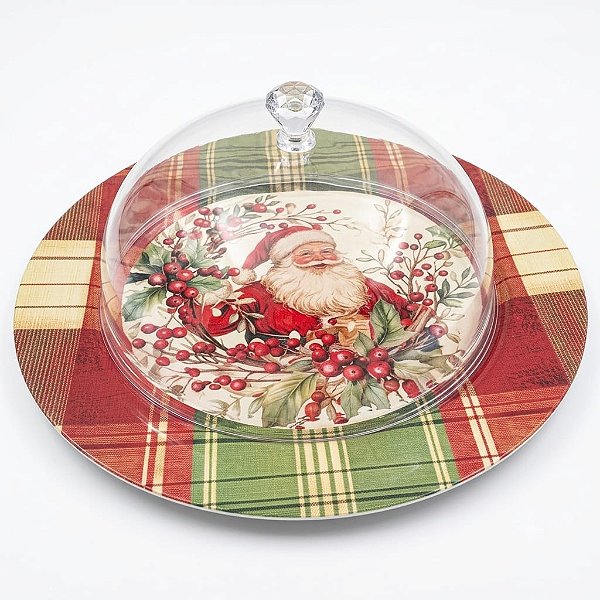 Prato Natalino 35cm Com Tampa Para Bolo Panetone e Doces Melamine