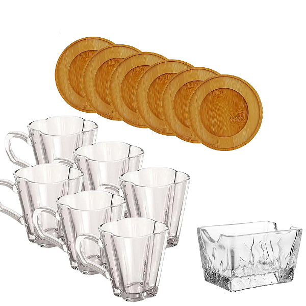 Jogo Com 13 Peças Para Chá Capuccino 180ml Vidro e Madeira