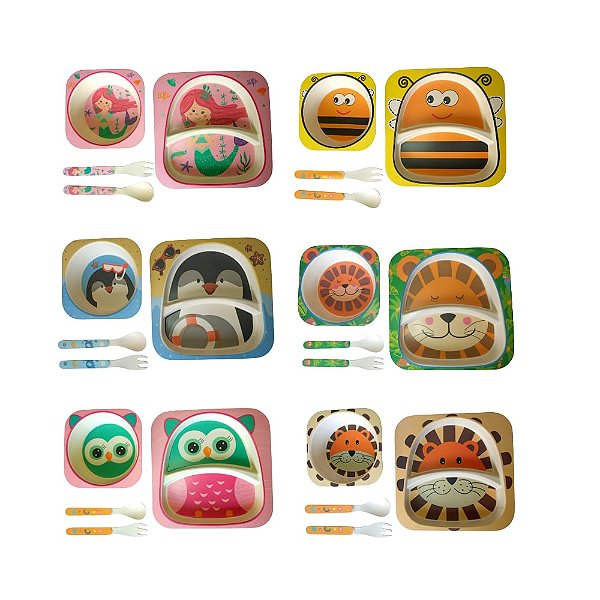 Kit 4 Peças Com Pratos e Talheres Para Alimentação Infantil Fibra de Bambu