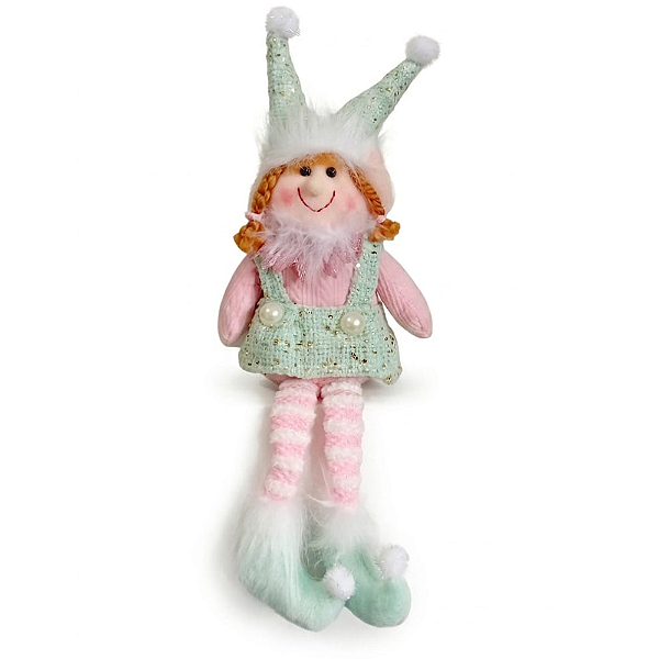 Boneco de Natal Elfo Menina Sentada Pernas Moles Rosa e Verde 35cm