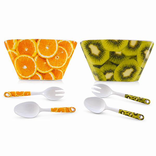 Jogo Com 3 Peças Saladeira e Talheres Melamina Estampa Fruta