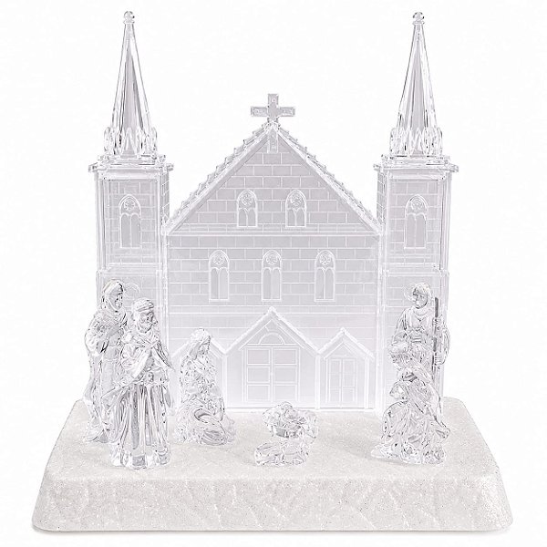 Presépio de Natal Igreja Acrílico Transparente Música e Luz Led 27cm