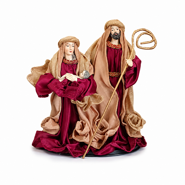 Presépio de Natal Sagrada Família Plus Seda Vinho e Marrom 25cm