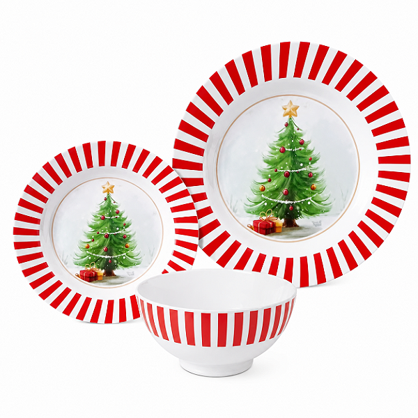 Aparelho de Jantar Natalino 18 Peças Melamina Estampa Árvore de Natal