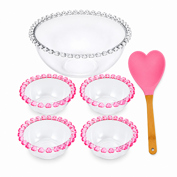 Jogo Para Servir Saladas 8 Peças Cristal Com Bordas de Corações