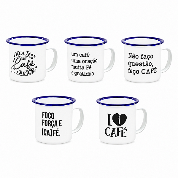 Jogo com 6 Mini Canecas para Café 90ml Retrô Dizeres Metal Esmaltado