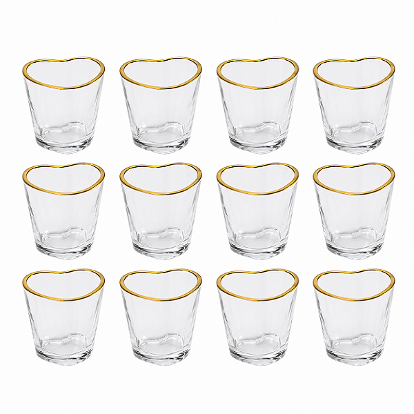 Jogo com 12 Copos de Vidro em Formato de Coração com Fio Ouro para Shot 50ml
