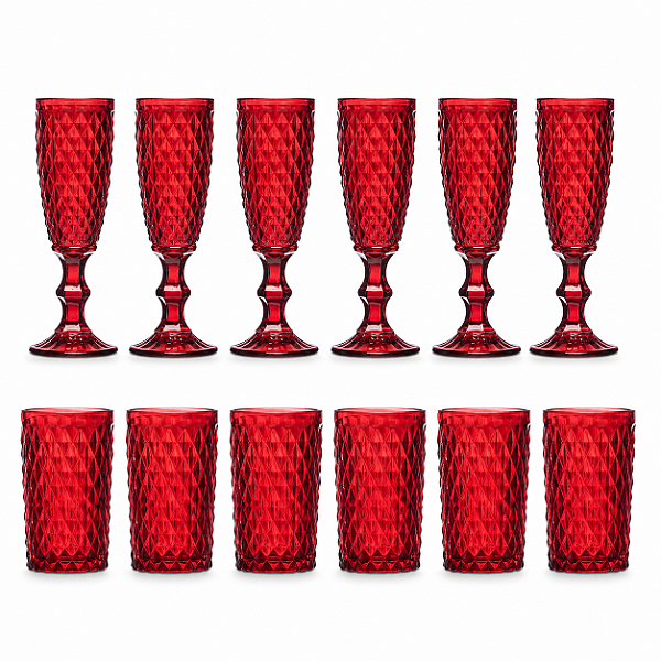Jogo 12 Peças com 6 Copos e 6 Taças Bico de Abacaxi Vermelho Vidro