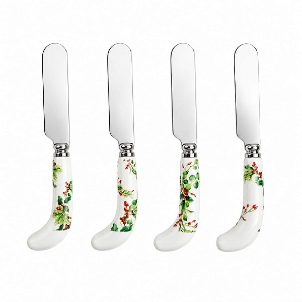Jogo com 4 Espátulas 12cm Azevinho Aço Inox Cabo Porcelana
