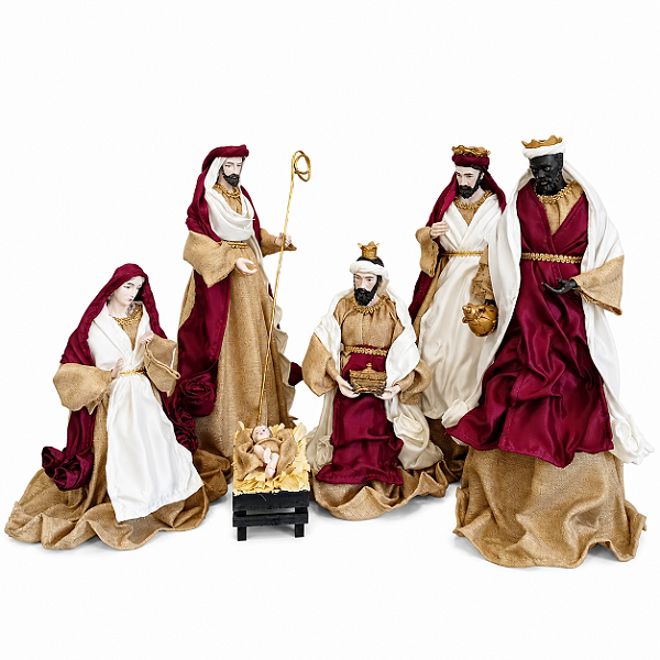 Presépio de Natal 6 Figuras Plus Seda 40cm Vinho e Dourado