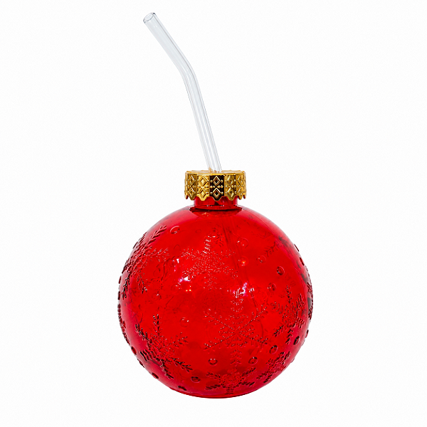Copo de Vidro com Canudo Formato Bola de Natal Vermelho 400ml