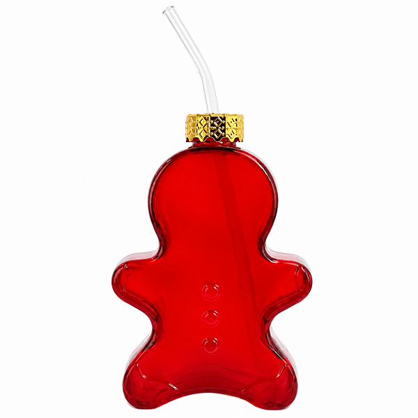 Copo de Vidro com Canudo Formato Gingerbread Vermelho 300ml