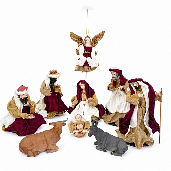 Presépio de Natal 9 Figuras Veludo Vinho com Dourado 16cm