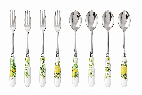 Conjunto de Talheres para Sobremesa 8 Peças Aço Inox e Porcelana Estampa Limão Siciliano