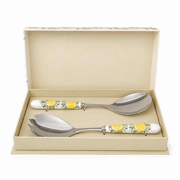 Jogo com 2 Talheres para Servir Saladas Aço Inox e Porcelana Limão Siciliano
