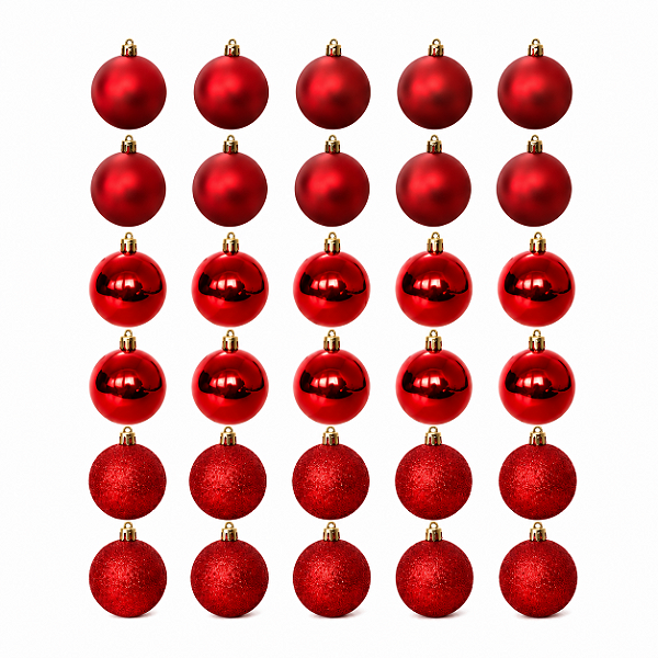 Jogo com 24 Bolas de Natal 5cm Vermelhas Brilho Fosco Glitter