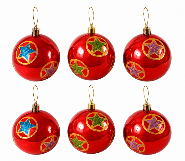 Jogo com 6 Bolas de Natal 7cm Vermelhas Com Estrelas em Glitter