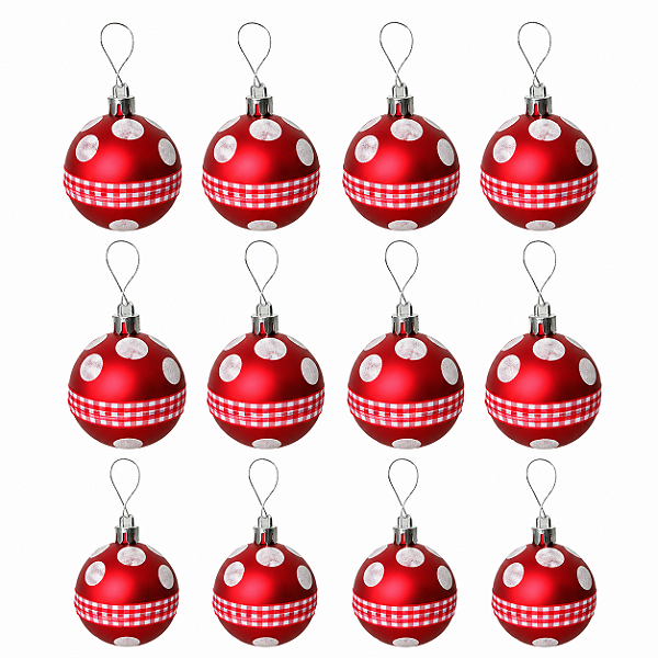Jogo Com 12 Bolas de Natal 4cm Vermelhas com Bolinhas e Fita Xadres